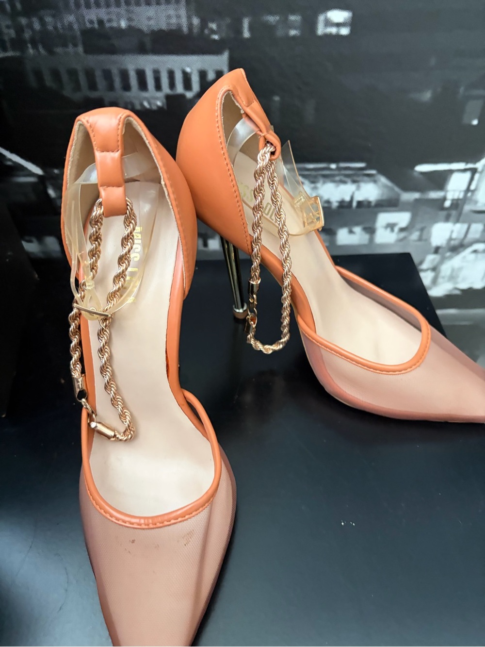 Miss Lola Coral Orange Pointed Toe Stiletto Heels with Gold Chain